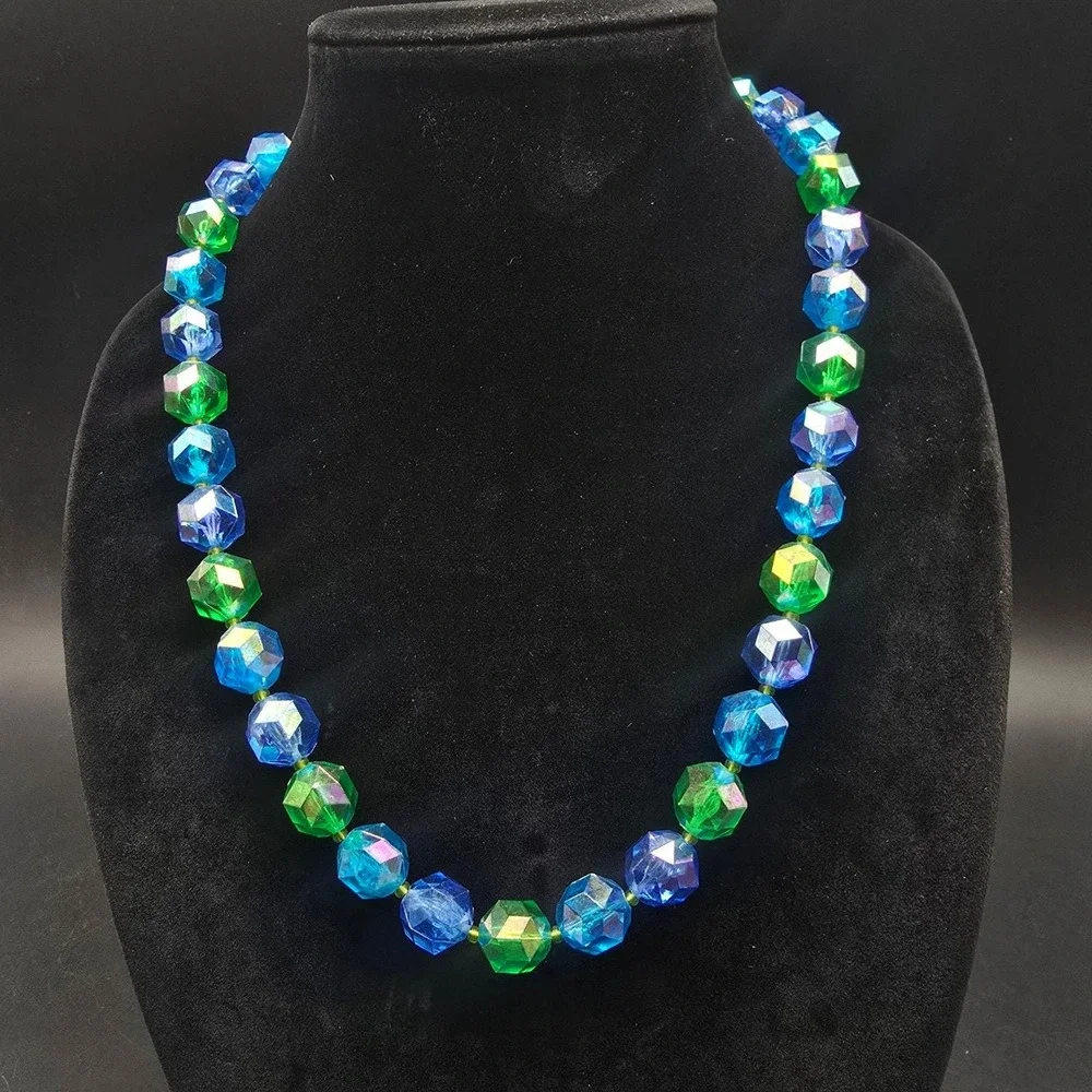 West Germany Blue Green Beaded Necklace Aurora Borealis Plastic Vintage